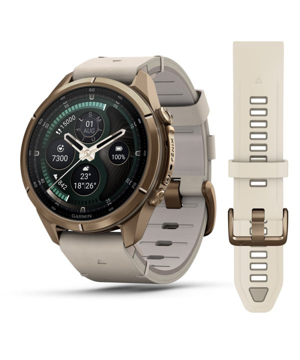 Garmin fēnix® 9 Pro – inReach®, 43mm - Gulloker titan med benhvit skinnrem