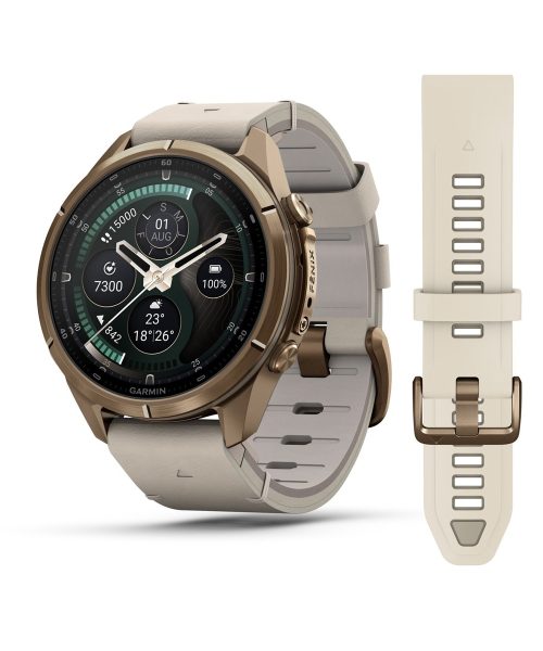 Garmin fēnix® 9 Pro – inReach®, 43mm - Gulloker titan med benhvit skinnrem